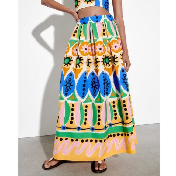 Zara PRINTED MIDI 2023 Collection High Waist full circle cotton poplin skirt - Picture 2 of 8
